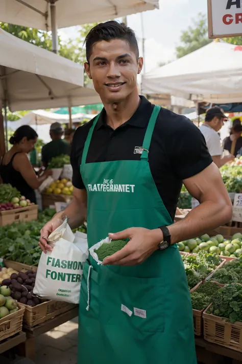 Cristiano Ronaldo selling fertilizer at a lively farmers' market. He is wearing a green apron with a leaf logo, holding a bag of organic fertilizer in one hand. Behind him, there are colorful stacks of fertilizer bags labeled as eco-friendly. Ronaldo is sm...