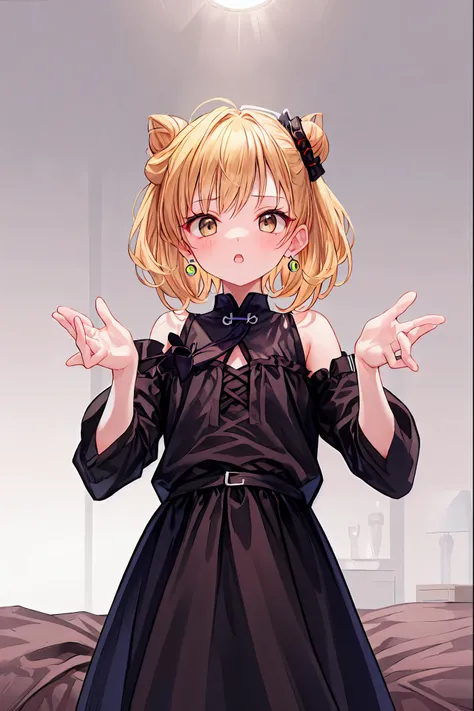 (8k、 Max Image Quality、 top quality、 masterpiece)、 detailed face、 girl、 blonde、( short hair)、 hair bun 、 gray eyes、Chinese earrings 、Performance、 Tiny Breasts 、 white Chinese clothes 、Sleeveless、 Is on all fours  、 on the bed、 taken from below 、Bedroom Bac...