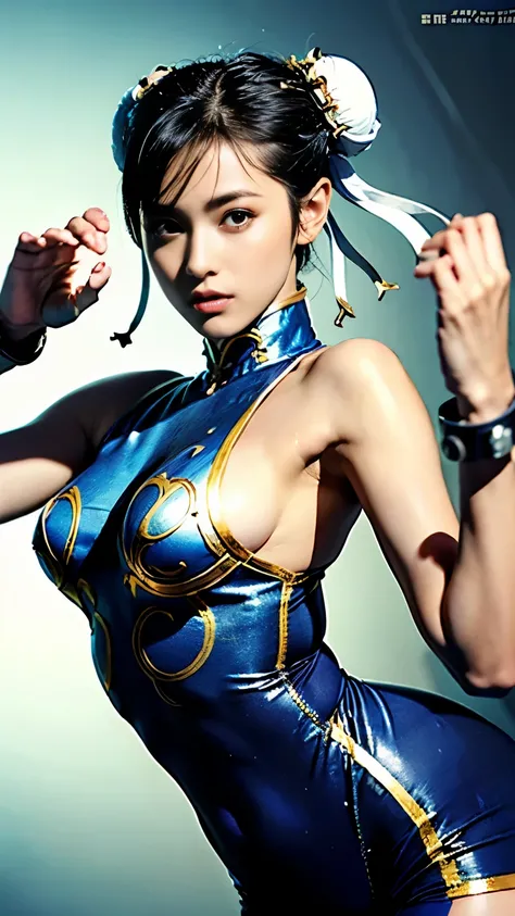 (((  carefully depicts hands and feet based on perfect anatomy  ))),《  street fight II  》 Chunli  ,(((A perfect Chun-Li costume))),(((   Gorgeous Chinese dress with gold embroidery on blue satin fabric 8k   ))), top quality,  high res, Introducing , A figh...