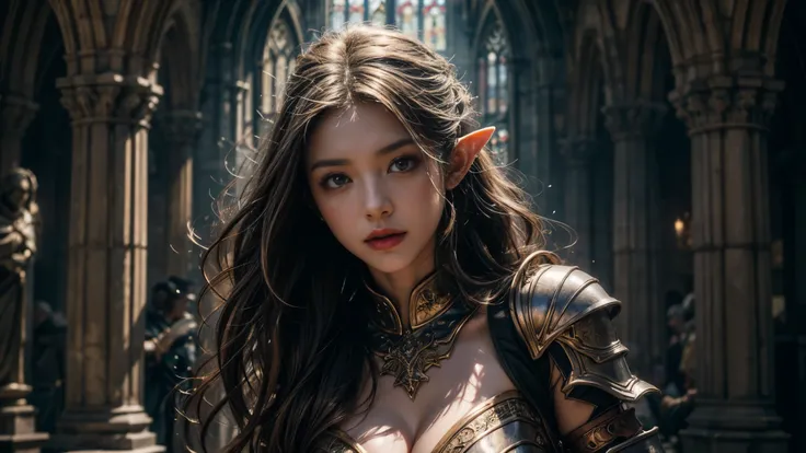  Beautiful Portrait of a Perfect Female Elf Warrior , Invisible long hair, 完美特征, (Extravagant armor),  Abstract Beauty ,  Big Breasts ，Almost perfect, Pure Form,  dynamic pose, Cathedral Background, (Dark Shadows), (Intense Cinematic Lighting ),  intricate...