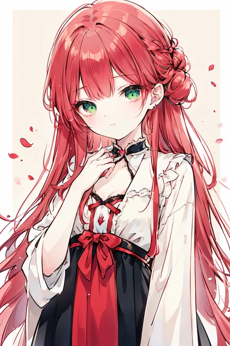 A  anime-style girl with vibrant red hair and bright green eyes. Her hair is slightly wavy and reaches just above her shoulders, with a few loose strands framing her youthful face. She wears a simple yet charming one-piece dress, modest and slightly loose-...