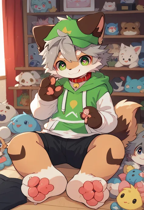   very well detailedな,  very well detailed,  brown fur gray hair , brown hair,,male,骨 を見て excited, heart eye ,Participation,   green white and color hat ,  cute face, sitting！, red collar on the floor,Black Ear ,  Show me your legs , excited,Horny boy,美しいr...