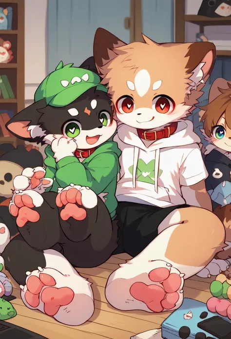   very well detailedな,  very well detailed,  brown fur gray hair , brown hair,,male,骨 を見て excited, heart eye ,Participation,   green white and color hat ,  cute face, sitting！, red collar on the floor,Black Ear ,  Show me your legs , excited,Horny boy,美しいr...