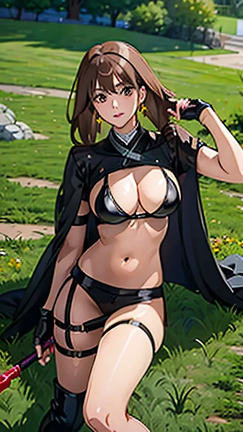 1980s (style), Japanese anime style, 1woman, solo, middle-hair, light-brown-hair, volumey, straight-hair, pointy ears, large breasts, fantasy, Black Leather bikini armor, Grass Green Cloak, earrings, arm guards, fingerless gloves, shiny legwear, High heel ...