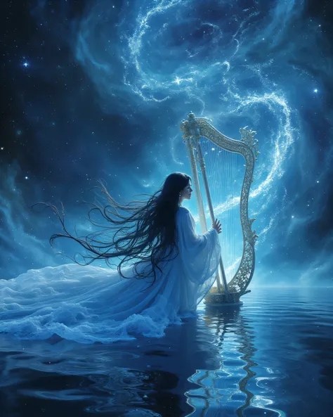 Yoshitaka Amano、 final fantasy \(series\), ( Science Fiction :1.1), (achromatic :1.1), (Horizontal position:1.2), ( Very Long Wavy Glowing Hair:1.1), (glowing vortex:1.2), UNDERBOB , ( skindentation:1.1), universe, universe雲, black hair, (Beautiful blue ...