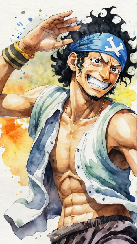 The creation of Usopp from One Piece、Watercolor、An illustration、Black Hair、shirt、precise face features、black eye、Sporty clothes、High resolution