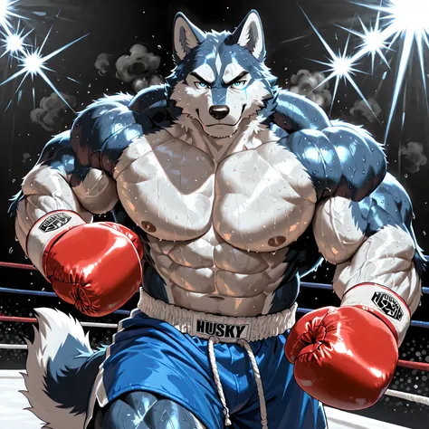 husky, "husky", 4k ultra quality, 4k, masterpiece quality, (sweaty, thick arms), very muscular, male, solo, bulging muscles, boxing gloves, boxing_trunks, dynamic,