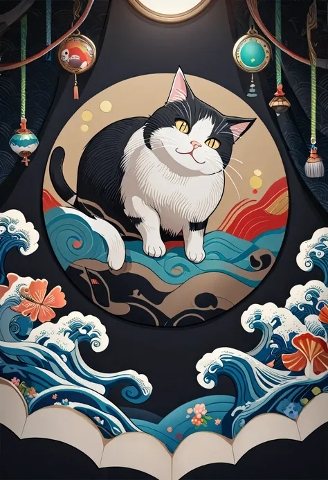 Japanese ukiyo-e style artwork,
Cat Painting with bright colors on a black background, Alessandro Pautasso's paintings, Detailed painting 4k, Vector art by 、 Colourful and Highly Detailed , a Cat Painting, Cat Painting, in a Cat Painting, beautiful 4K a...