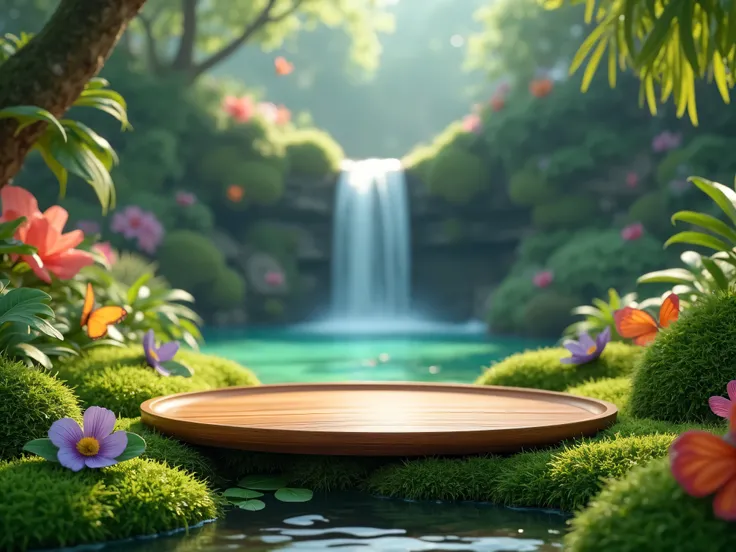 3D wet grass surface with forest vibe, side can see waterfall and butterflies, flowers. wooden tray on the grassy floor; creative wallpaper or background as rich tropical garden