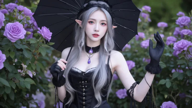 Masterpiece, Best Quality, A stunning dark elf woman with long, wavy silver and black hair, dressed in an elegant gothic fantasy outfit. She has piercing violet eyes and pointed ears adorned with intricate jewelry. She wears a black lace choker with a glow...