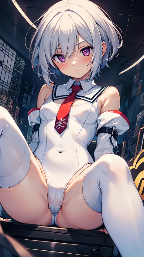 1girl,solo,JinnoNagi, short hair, pixie cut, tomboy, kuudere, light hair, white hair, purple eyes, small breasts,(white leotard:1.5),sailor collared,red necktie,detached sleeves,(cameltoe:1.3), thighhighs,upper body,(sitting with knees up, spread legs),mas...