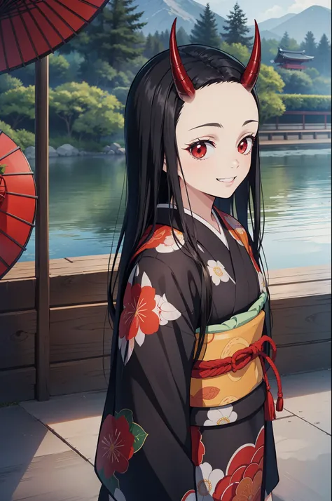(masterpiece, best quality:1.2), kimetsu no yaiba style, kiyomi, (upper body, front view), (1girl, solo), (black long hair, straight hair, forehead), (red demon horns, red eyes), (loking at viewer, evil smile, grin:1.1), kimono, (standing in the Japanese s...