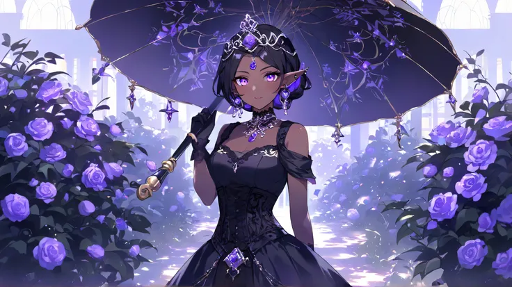 Masterpiece, Best Quality, A stunning dark elf woman with long, wavy silver and black hair, dressed in an elegant gothic fantasy outfit. She has piercing violet eyes and pointed ears adorned with intricate jewelry. She wears a black lace choker with a glow...