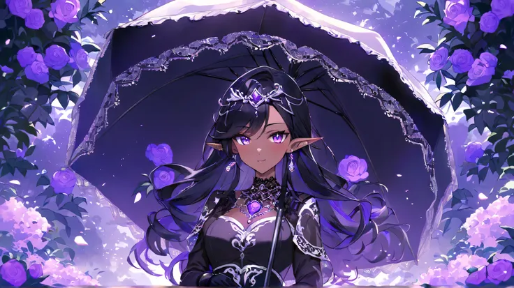 Masterpiece, Best Quality, A stunning dark elf woman with long, wavy silver and black hair, dressed in an elegant gothic fantasy outfit. She has piercing violet eyes and pointed ears adorned with intricate jewelry. She wears a black lace choker with a glow...