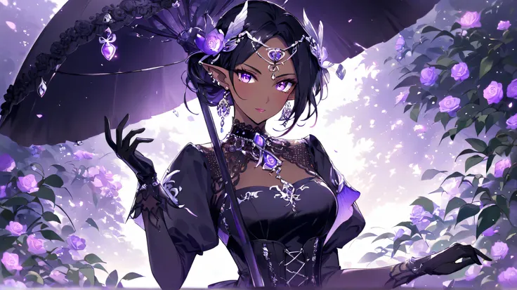 Masterpiece, Best Quality, A stunning dark elf woman with long, wavy silver and black hair, dressed in an elegant gothic fantasy outfit. She has piercing violet eyes and pointed ears adorned with intricate jewelry. She wears a black lace choker with a glow...
