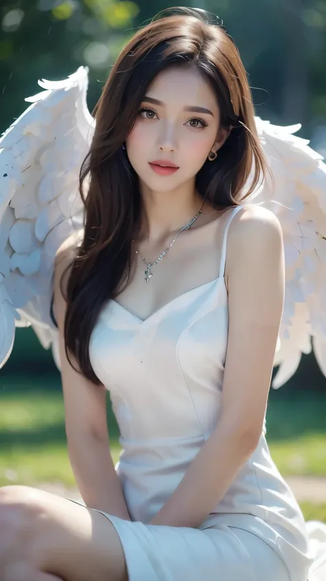 8k ultra hd, mastermiece, a girl, (good face:1.4), detailed, eyes, beautiful lips, very hong hair, spreading hair, small curve breasts, (angel dress:1.5), (white dress:1.5), necklace, wings, in the park, flying birds, glowing:1.5, rainy weather, sitting,