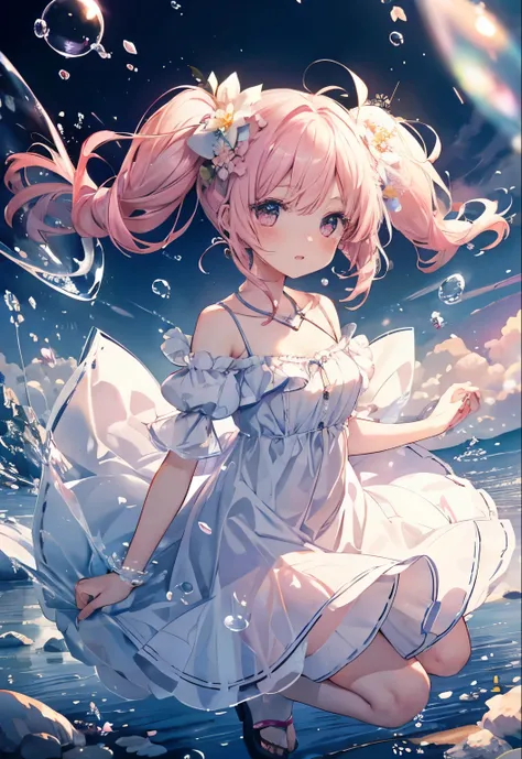 FHD、 high image quality、 watercolor、 pinkの海、Bubble、 soap bubbles、 pink水飛沫、 pinkの水、Feels like being in nature、Flowers、 petals、Bubble、 soap bubbles、circle、Circle、ephemeral、 girl、 twin tails、 in two knots、 quick、前髪 quick、 sagitales、 long lashes、white、Fleeting...