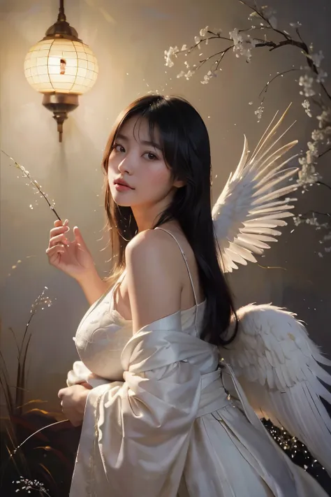 (highest quality,8k,High resolution:1.2),(beautiful realistic asian:1.4)、(cute japanese girl:1.4),(huge breasts:1.20),(glamorous)、feather、messenger of god、loving light、artistic background、spiral、passion、heavenly realm、Heavenly Border Dell、sexy pose、realm o...