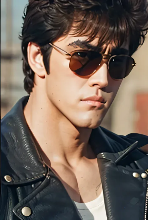 From front,, Kenshiro's Hairstyle , Short messy hair, Brown Hair, thick eyebrows, 、 from directly above、 sunglasses
