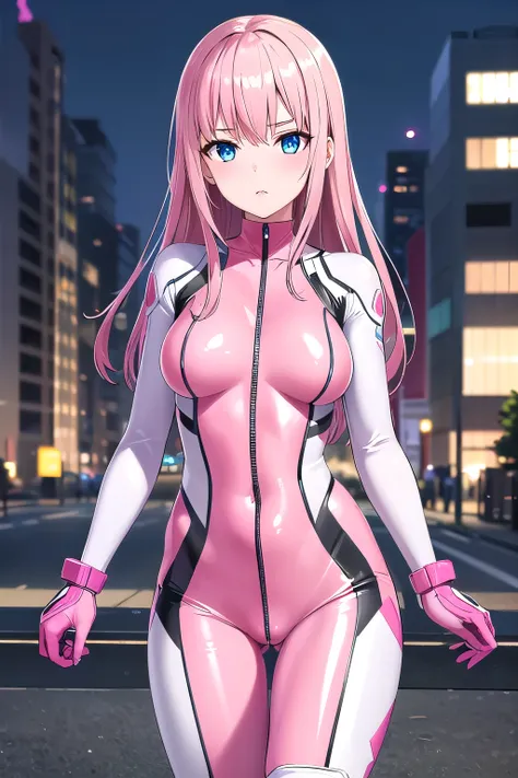 1girl,Samus aran,solo,blue eyes, pink hair, forehead hair, , Pink bodysuit, white knee-high boots, silver accessories, long straight hair with pink highlights, bold pink eyeshadow, confident pose, standing in front of a vibrant cityscape, ready to save the...