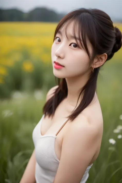 39 years Old young South Korean girls, beauty face, elegant face, thin, messy bun hair style, lipstick, night, brown skin color, Girl With a perfect figure, weight 33kg, tank top, height 170cm, in the meadow, the weather is cloudy and fog