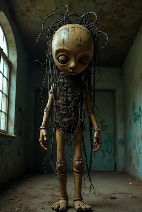 "A monstrous, human-sized puppet made of decayed wood and sinew, controlled by invisible strings that twitch violently. Its hollow wooden face twists unpredictably, mimicking expressions of fear and agony. Emerging from its back are writhing, black worm-li...