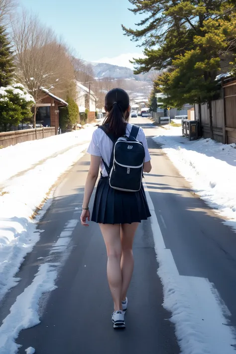 Overwhelming 8k,upskirt,Under skirt, Panchira,Twins of  high school girls walking on a snowy road in the countryside,Front view,white student shirt,Back view of a  high school girl walking in a student backpack , low angle, navy blue pleated micro mini ski...