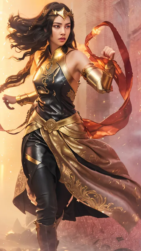 "A female Indonesian superhero with elegant gold and black armor, inspired by Nusantara culture. She has long wavy hair, a golden crown with traditional engravings, and a graceful yet powerful expression. Her costume features detailed leather and reflectiv...