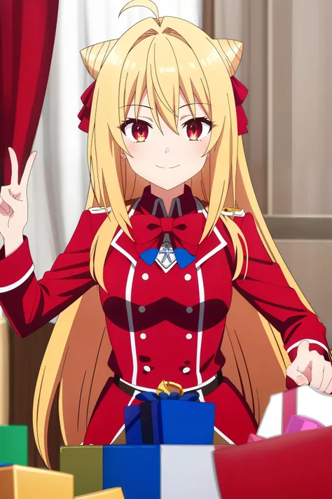 (( better quality)),(( very detailed)), Masterpiece ,absurdities, detailed face, pretty face,( detailed eyes ,  deep eyes ), 1girl,(( dynamic pose)) ,  terakomari ,  blond hair,  long hair,  Red eyes ,  one eye closed , One,  smile,  looks at the viewer, a...