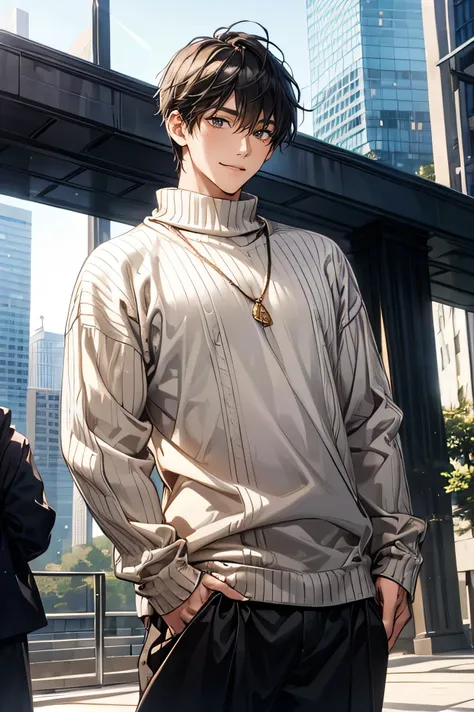  Japanese male　 handsome　 short dark hair  　　short cropped 　　 slim figure　　Oversized Thick Sweaters 　　　　 Full Glass Training Room Interior　　　　 A group of futuristic urban skyscrapers on a cold day outdoors　　　　　 openしたポーズ　smile　　 open　 pose with open crotch...