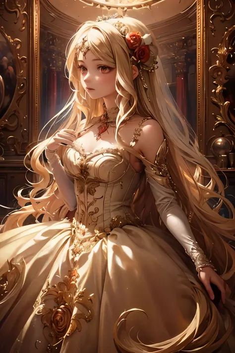 ( masterpiece,  top quality,  top quality,  Official Art,  Beautiful and Aesthetic :1.2), ( girl),  very well detailed,( fractal art:1.3), colorful, most detailed, long blond hair , red eyes, Moonlight Night  , Rose