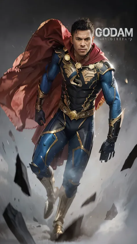 "A hyper-realistic depiction of Godam, an Indonesian superhero. He is a muscular male warrior wearing a black and blue armored suit with gold accents and a bold 'G' emblem on his chest. A flowing red cape drapes behind him, adding a dramatic effect. His fa...