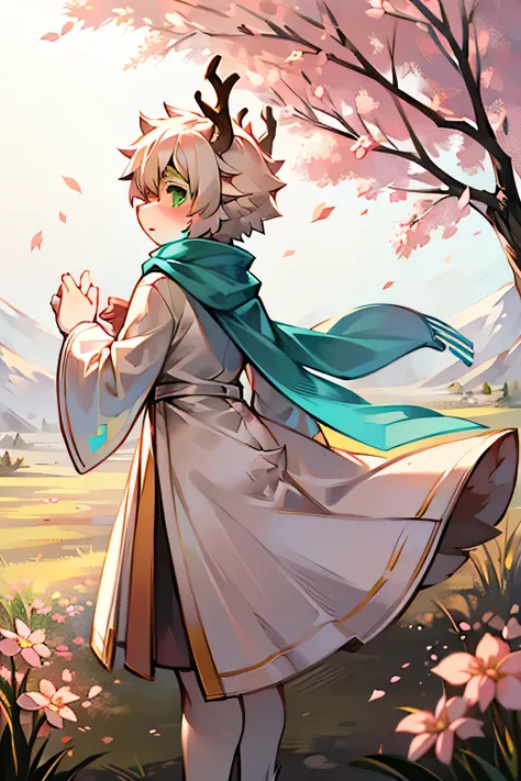 A white deer， Compa，Peach Blossom Tree， Falling Flowers，Fallen Leaves，Shota， cute， Extend your hands， and turn your back，Looking back，long white robe，Turquoise scarf  ，  flowing scarf  ，  flowing robe  ，Brightly，  green eyes  ，daytime，Morning Mist，grasslan...