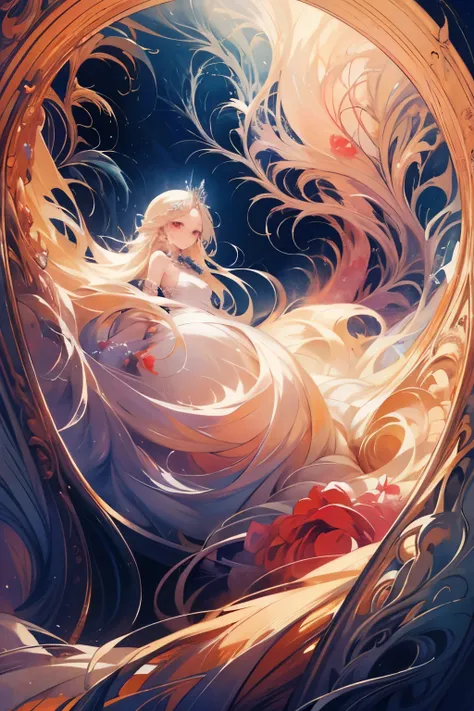 ( masterpiece,  top quality,  top quality,  Official Art,  Beautiful and Aesthetic :1.2), ( girl),  very well detailed,( fractal art:1.3), colorful, most detailed, long blond hair , red eyes, Moonlight Night  , Rose