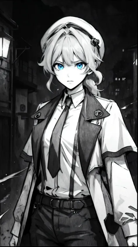 anime girl with blue eyes and a hat walking down a street, digital art from danganronpa, female protagonist 👀 :8, portrait of a female anime hero, junko enoshima from danganronpa, tall anime guy with blue eyes, from girls frontline, black and white manga s...