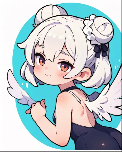  Masterpiece, top quality,  high res, 1 girl,Alone, white hair, back view,  doya face,  shortcuts, stupid hair,  double bun hair, The left hand,Angel, wings on back