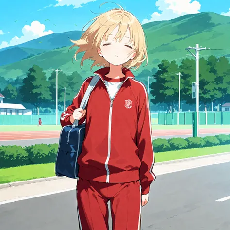 (masterpiece), (best quality), (ultra-detailed), artist:fujiyama, 1girl, exhausted, track suit, gym shorts, bag, route of a school, wind,
