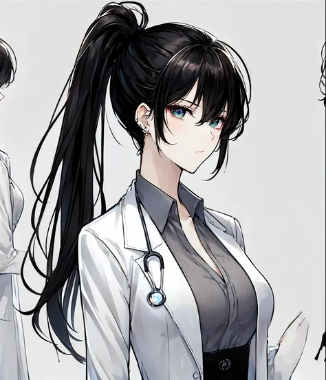 A late 20s anime-style female doctor with long black hair tied into a sleek ponytail. She has sharp, intelligent green eyes behind stylish glasses, giving her a cool and professional demeanor. Her facial features are elegant and refined, embodying the esse...