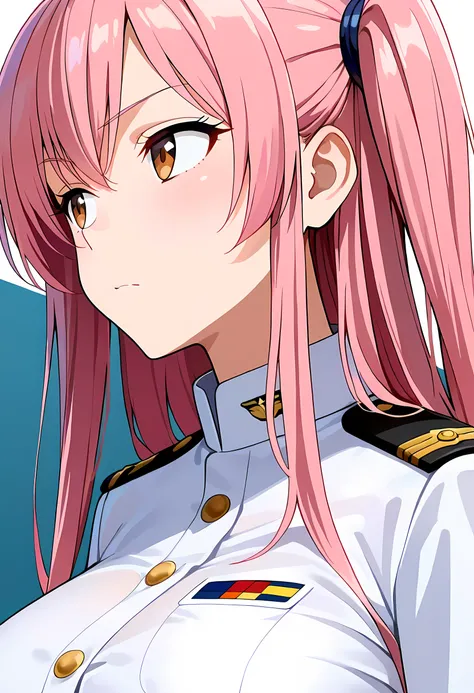 masterpiece, best quality, amazing quality, 1girl, solo,from side,close up, looking away, pink hair,one side up, very long hair,brown eyes, disdain,big breasts, naval uniform,