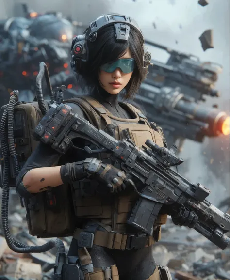  photorealistic, near future, beautiful Japanese woman of the Allied Special Forces standing, with his mouth slightly open 、 jpn mark, futuristic head protector and smart goggles, 現代とは全く違うデザインのfuturistic blaster gun with connected by cable to energy backpa...