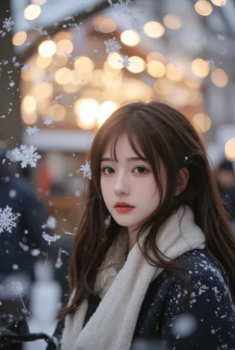 （masterpiece, best quality :1.2), winter,1 woman, [white breath] 、( Fantastic)Winter Festival 、 Snowflakes、❄️、cinematic lighting ,focus on her face,background blur,  fantastic