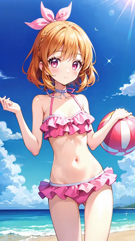  Masterpiece,  top quality,  super detailed,  in detail,  high res,   8k Wallpaper,  the background is white ，1 person，Summer Sea，I'm wearing a blue and white bikini。，She has excellent style ， orange hair， pink eye，I have a beach ball 。，She is surrounded b...