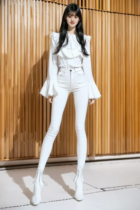 ((((  Designed to show the shape of white super skinny jeans、 crotch when standing inwardly crotched ))))、(((((((  long legs)))))))、((whole body))、((( Designed to show the shape of )))、(((  crotch  )))、(((  white ruffle blouse )))、((bangs))、((   black hair...