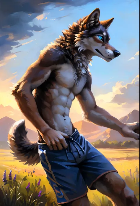 ((Solo)), male people, anthro wolf, (Multi-colored fur, White-brown:1.3，White tail pointed), (Height 2.1m,Tail length 1.2m), ((Wolf face, Big eyes, White eyelids, Blue pupil, Slim:1.2) (Tough, Calm expression:1.2)), Abs, Slim, pinging)), (Correct anatomy),...