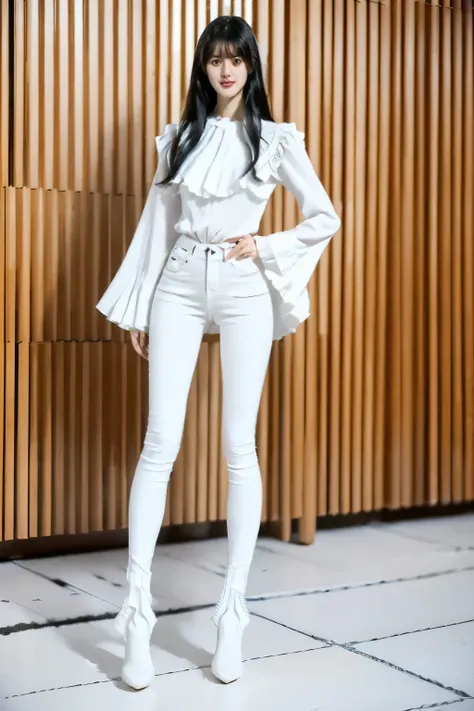 ((((  Designed to show the shape of white super skinny jeans、 crotch when standing inwardly crotched ))))、(((((((  long legs)))))))、((whole body))、((( Designed to show the shape of )))、(((  crotch  )))、(((  white ruffle blouse )))、((bangs))、((   black hair...