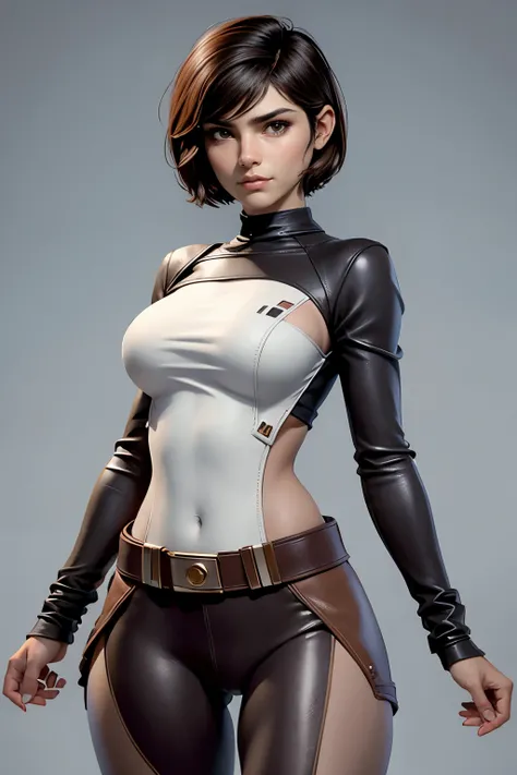 Star Wars , short hair, brown eyes, confident, decided, firm stance, confident expression , wears tight brown leather leggings with belt, masterpiece, super detail, high quality, composition epic character, natural lighting , sharp focus, ultra r...