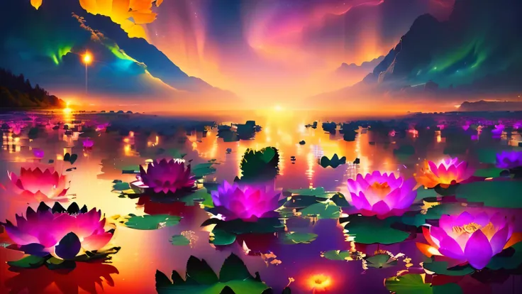 超 high image quality,  high image quality,  high quality , Spectacular Scenery , Magnificent Pure Land of Paradise ,((Heavenly world)),((( A large group of huge and very beautiful lotus flowers that fill the surface of the lake))),(((There are 100000 lotus...