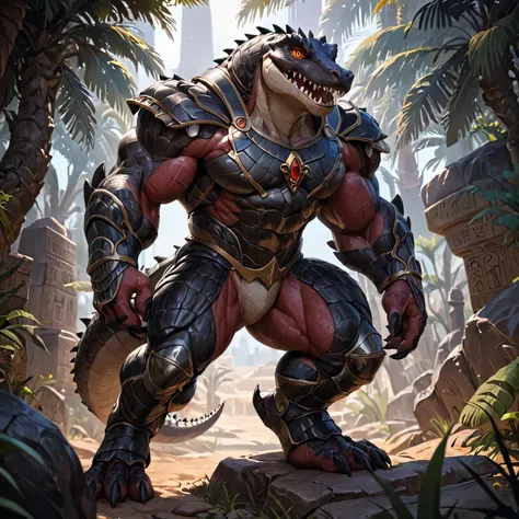 solo, male, humanoid, ultra details, Alligator, ultra detailed muscles, black scales, white belly, bodybuilder, black claws, muscular, ultra detailed slit eyes, red color iris, ultra detailed teeth, pecs, hind legs, tail, Masterpiece, ultra hi-res, 8k, fro...