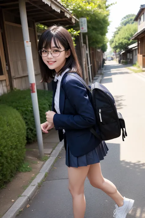 Overwhelming 8k,  girl walking along a sidewalk in the Japanese countryside, 1girl , beautiful feet, front view, white collared shirt, navy blue uniform blazer, red student ribbon , black hair with bangs :1.5,girl with black-rimmed glasses,Back view of a  ...