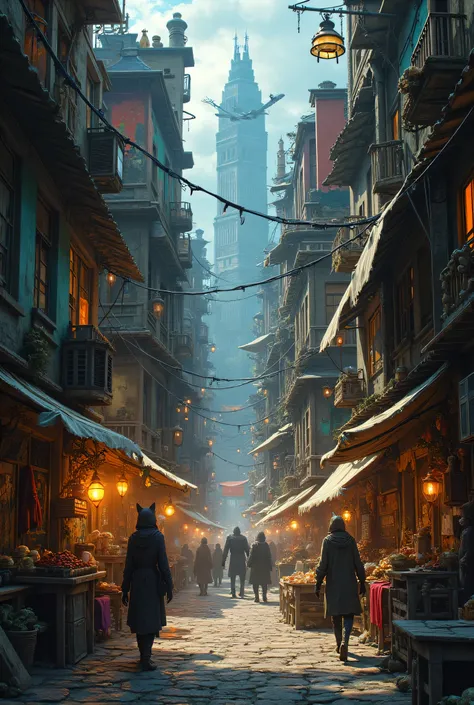 A semi-realistic, full-color digital painting of a dense and vibrant urban district on the outskirts of a grand fantasy city. The district is a maze of narrow alleys, towering improvised buildings made of reclaimed wood, stone, and rusted metal. The archit...